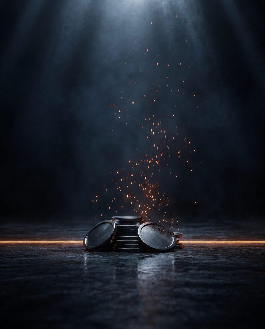 Steel tokens dissolving into rising embers