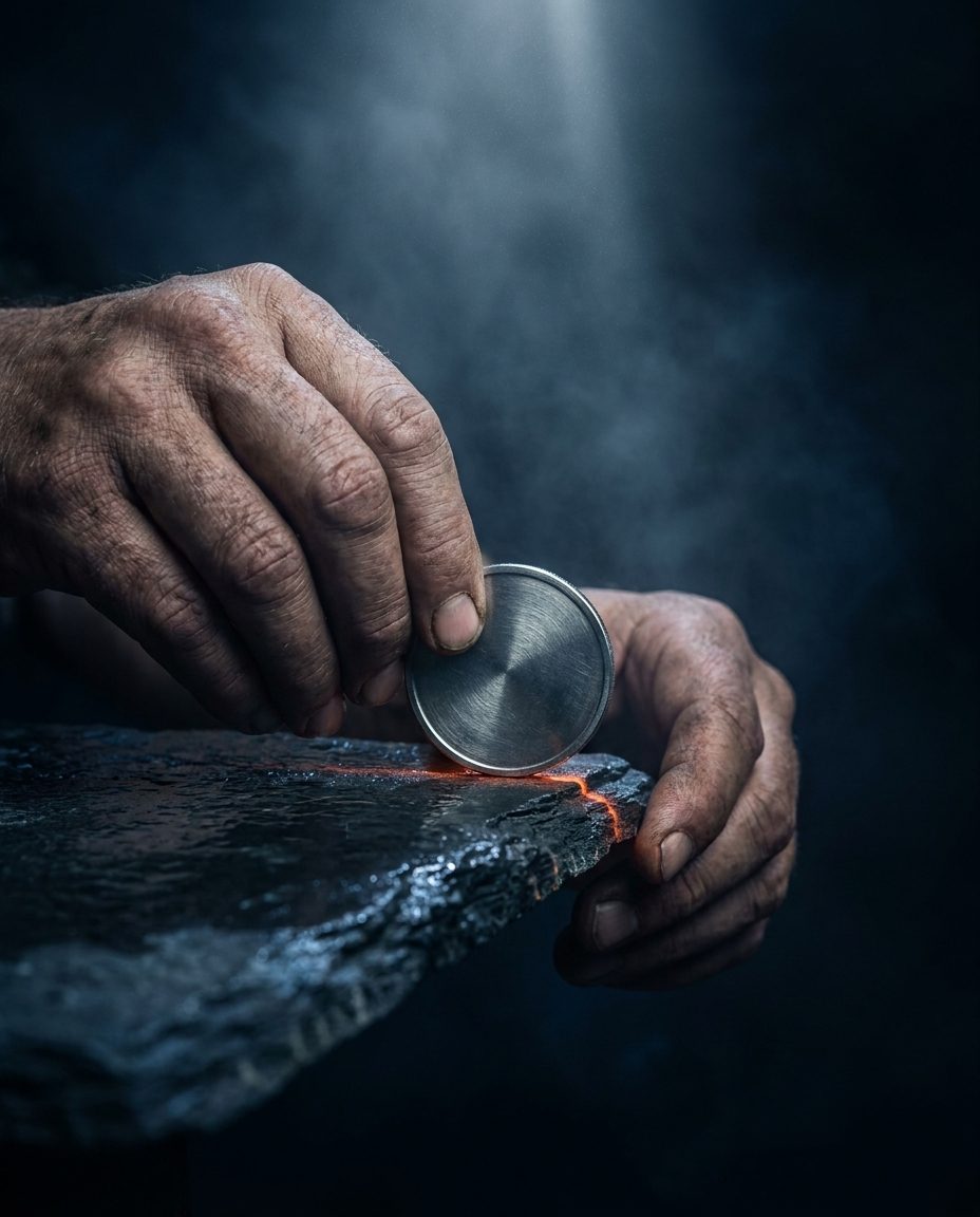 Hands setting a steel coin on the edge of a stone ledge